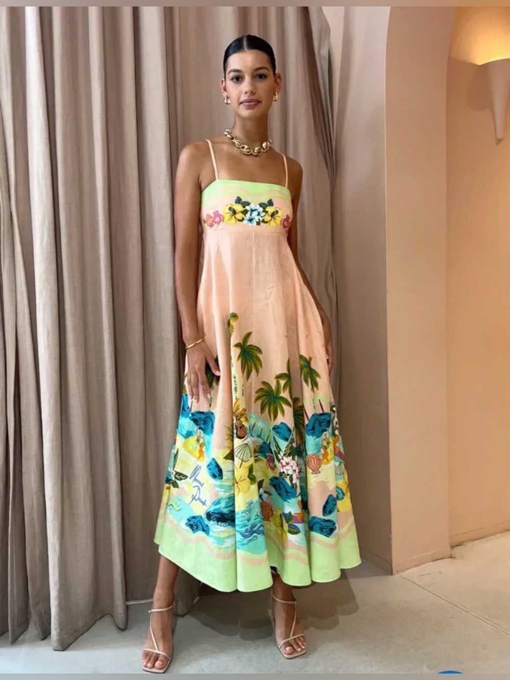 Peach Floral Tropical Print Slip Midi Dress